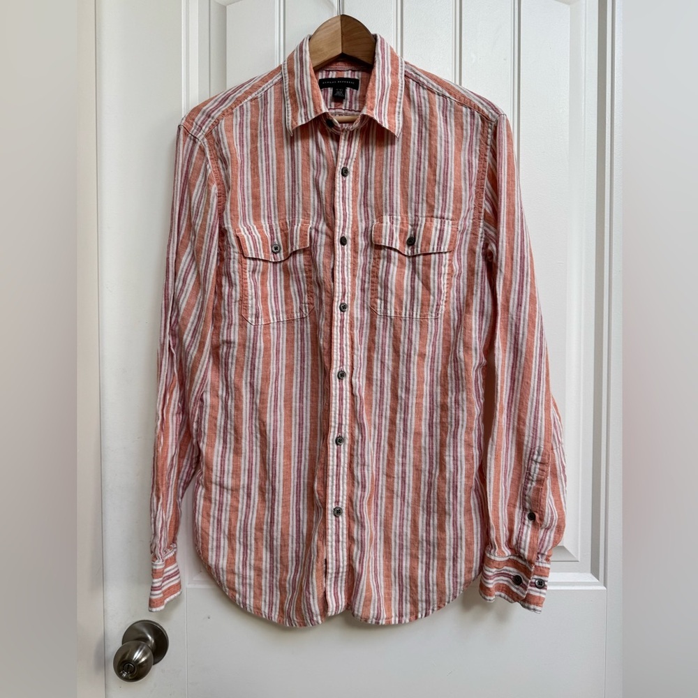 Banana Republic 100% Linen Orange/Red/Tan Striped Long Sleeve Shirt. M15-15 1/2